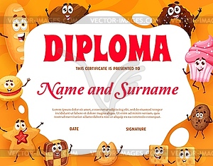 Kids diploma with cakes and cookies personages - vector image