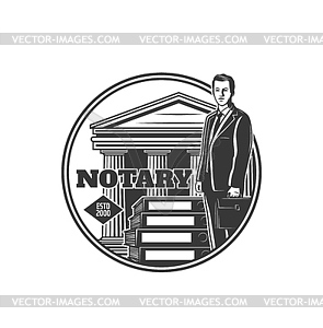 Notary service icon, lawyer and court building - vector image