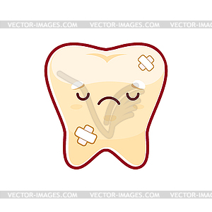 Cartoon sick tooth with patches sad character - vector clipart