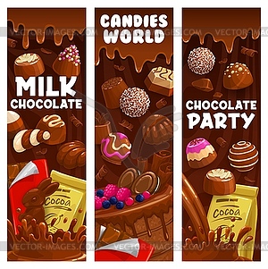 Milk chocolate, praline and fudge candy banners - vector clip art