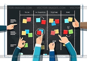 Scrum board with businessman hands, work plan - vector clipart