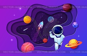 Space paper cut astronaut and planets with rocket - vector clipart