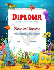 Kids diploma with underwater landscape fairy house - vector image