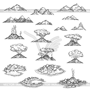 Island mountains, volcano sketch, lava eruption - royalty-free vector clipart