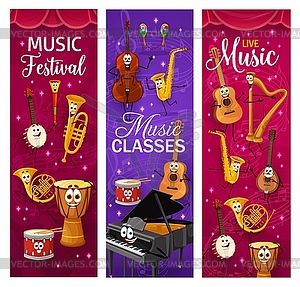 Cartoon musical instrument characters banners - vector image