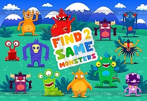 Find two same cartoon monster characters game - vector clipart