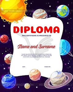 Kids diploma with cartoon solar system planets - vector clipart / vector image