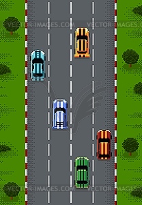 Пиксельная гоночная игра, 8-битный аркадный фон с видом сверху - иллюстрация в векторном формате