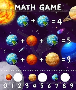 Math game with cartoon space planets and stars - color vector clipart