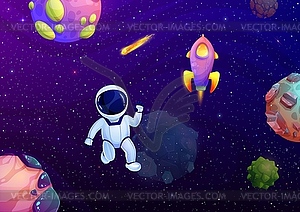 Cartoon astronaut, planets, comet in outer space - vector image