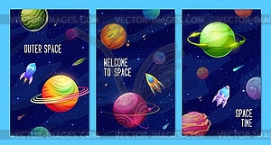 Space posters with galaxy landscape, expedition - vector clip art