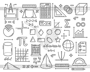 Mathematics formulas, geometry figures line icons - vector image