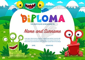 Kids diploma cartoon monster characters, frame - vector clip art