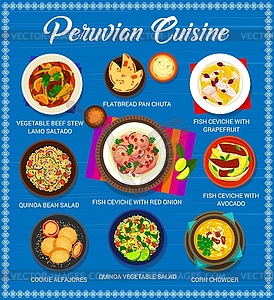 Меню перуанской кухни, севиче из рыбы, мяса, овощей - изображение в формате EPS