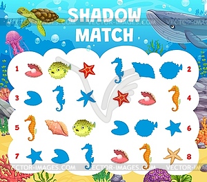 Shadow match game cartoon underwater landscape - vector image