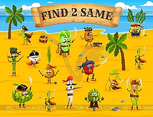 Find two same cartoon vegetable pirate puzzle game - vector clipart