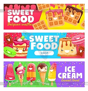 Ice cream, bakery and dessert cartoon characters - vector image