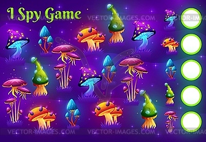 I spy game worksheet with magic mushroom on meadow - vector clipart