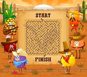 Лабиринт игра-лабиринт, мультяшные фруктовые западные ковбои - изображение векторного клипарта