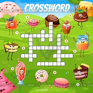 Crossword quiz game grid, cartoon sweets, desserts - vector clipart