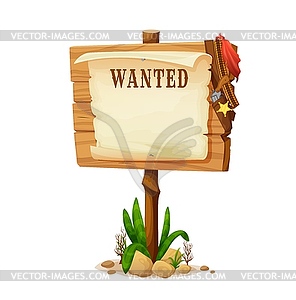 Cartoon wild west wanted board, wooden sign - vector image