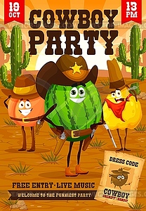 Western kids party flyer, cartoon fruit cowboys - vector clipart