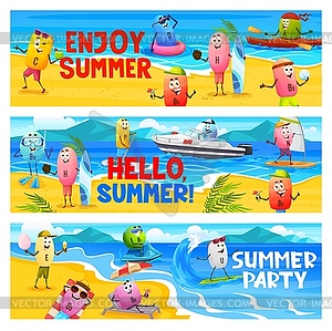 Summer party, cheerful cartoon vitamin characters - vector clipart