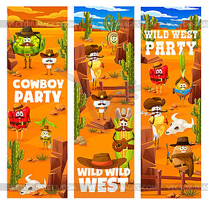 Ковбойская вечеринка на Диком Западе, милые растительные персонажи - клипарт в векторе