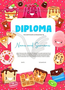 Kids diploma cartoon funny bakery and desserts - vector clip art