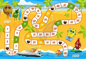 Kids board step game, cartoon fruits characters - vector clipart