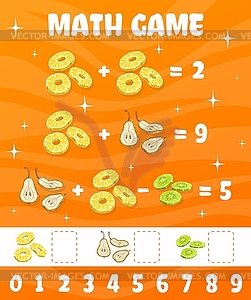 Pear, kiwi and pineapple dried fruits math game - vector image