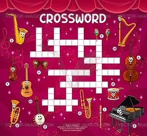 Crossword quiz grid, cartoon musical instruments - vector clip art