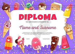 Kids diploma cartoon funny ice cream desserts - vector image