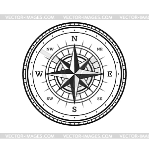 Old compass, vintage map wind rose, travel - vector clipart