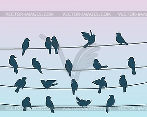 Стая птиц-воробьев на фоне проводов линии электропередач - рисунок в векторе