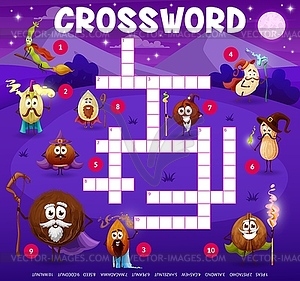 Crossword grid, cartoon nuts, wizard characters - vector clip art