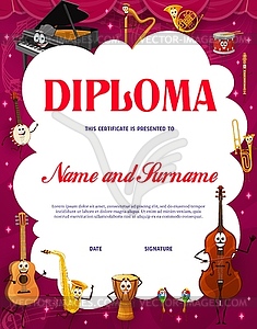 Kids diploma cartoon musical instrument characters - vector clipart