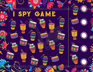 I spy kids game worksheet with brazilian drums - vector clip art