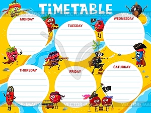 Education timetable schedule with berry pirates - vector image