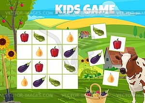 Sudoku kids game farm animals, fruits, vegetables - vector clip art