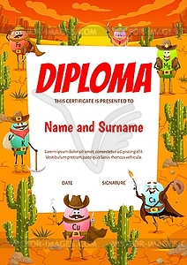 Kids diploma cartoon cowboy vitamins characters - vector EPS clipart