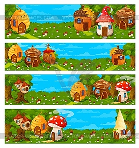 Game level landscape with cartoon fairy dwellings - vector clipart