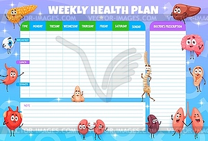 Weekly medication schedule, cartoon human organs - royalty-free vector clipart