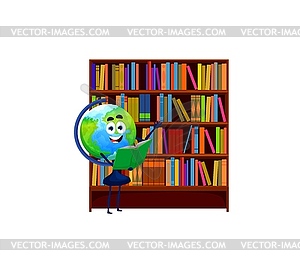 Cartoon globe funny character with book in library - vector clipart / vector image