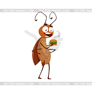 Cartoon cockroach character eating burger, bug - vector image