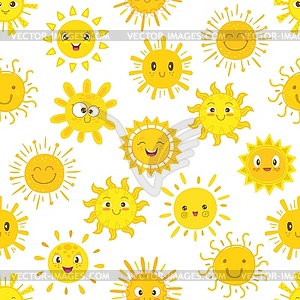 Funny cartoon sun characters seamless pattern - vector clip art