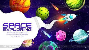 Space landing page with cartoon galaxy and rocket - vector clipart
