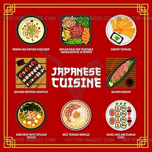 Japanese cuisine menu, Asian food dishes and meals - vector clipart