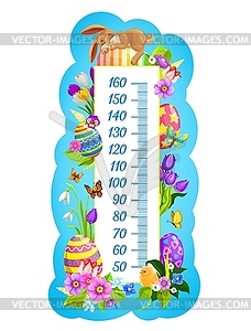 Kids height chart, cartoon Easter bunny and eggs - vector image