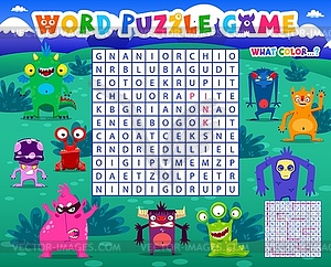 Word search puzzle game cartoon monster characters - vector EPS clipart